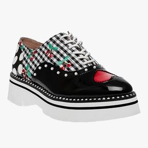 Betsey Johnson Abbott Oxford Shoes Cherry Gingham Polka Dot Pearls Retro 6.5